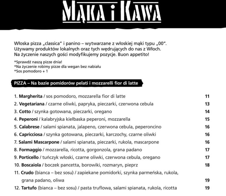 Menu w Gdyńskiej Mące i Kawie