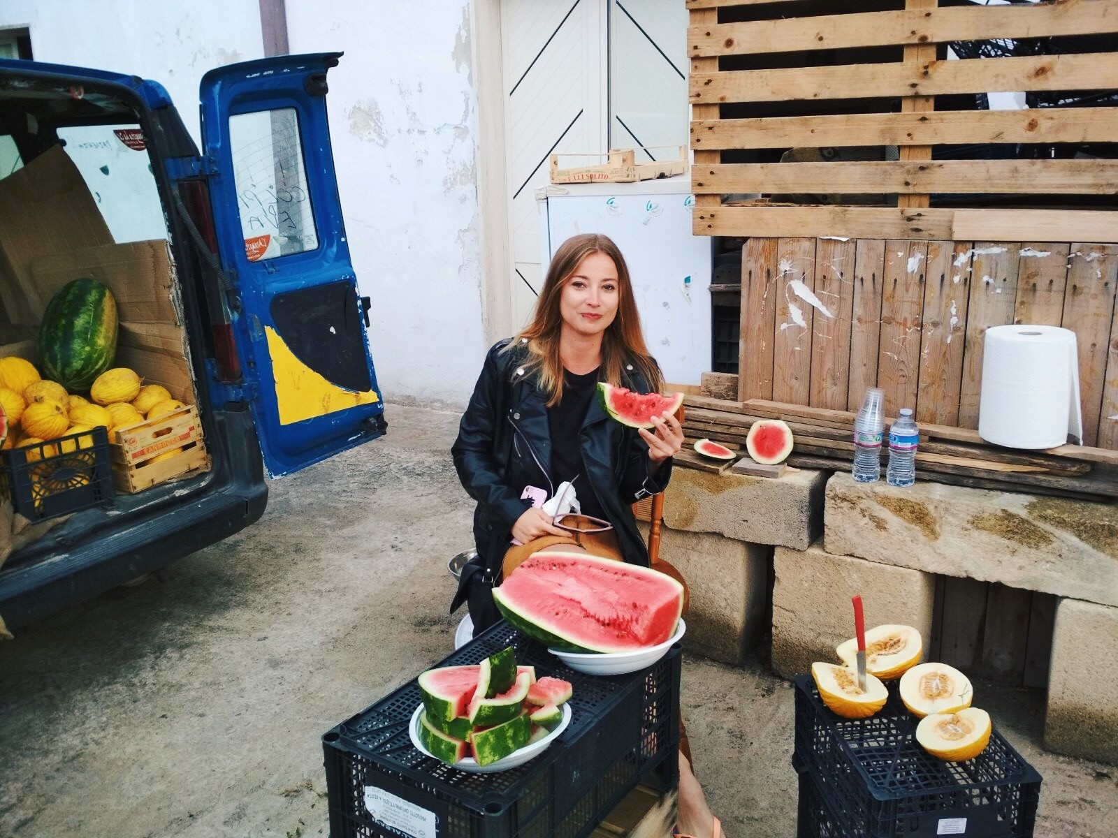 Me eating watermelons in Torre Lapillo in Italy