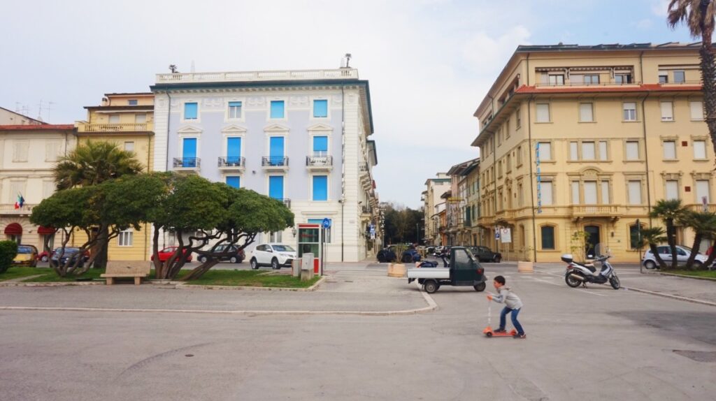 Buildings and boy in Viareggio